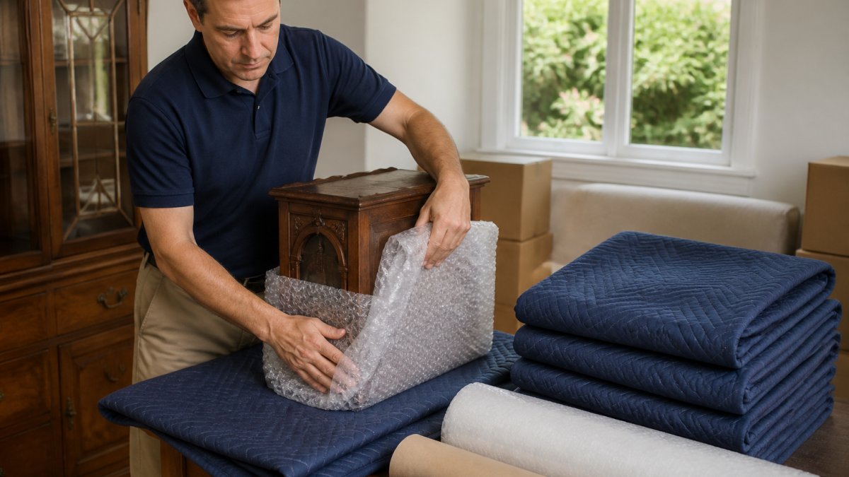 Professional demonstrating careful wrapping technique with bubble wrap and moving blankets on an antique wooden item, showing protective materials organized on a work surface with natural lighting