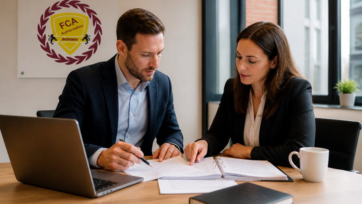 A financial services founder and compliance officer reviewing regulatory documents together at a desk in a modern office, laptop open with application forms visible