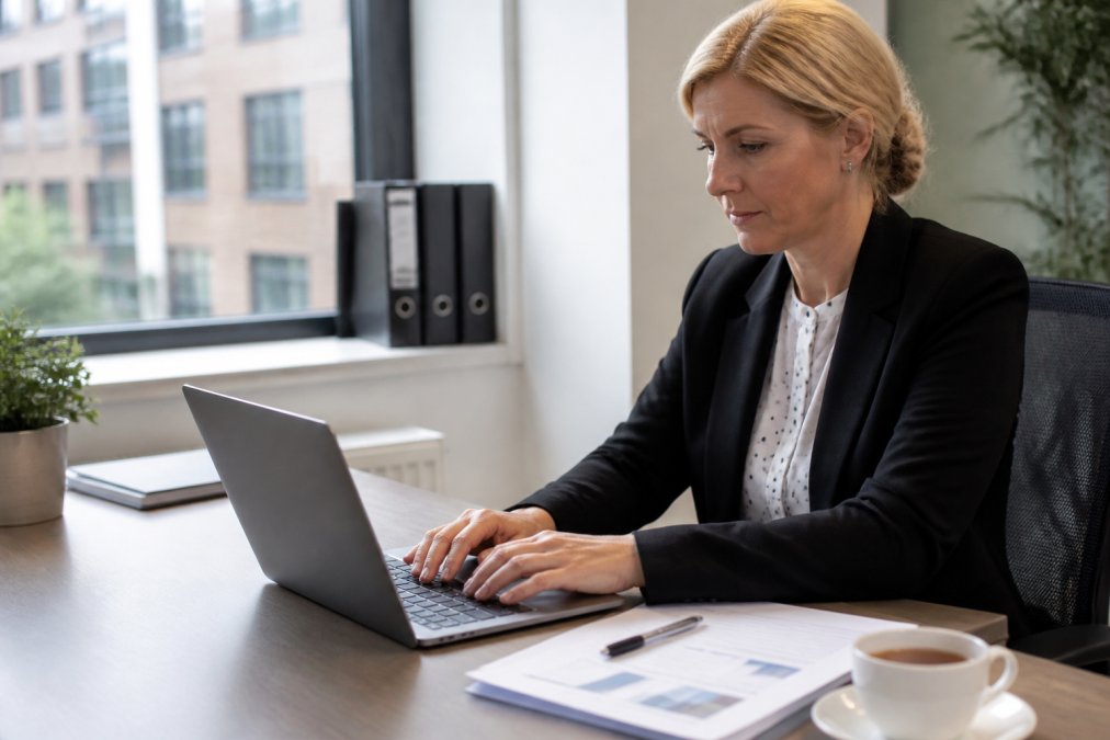 A compliance officer reviewing FCA application documents on a laptop in a bright modern office, with a printed regulatory business plan and a cup of tea on the desk
