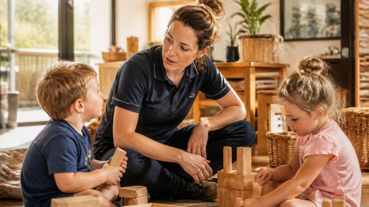 Professional demonstrating moving from compliance to shared responsibility in childcare technique in modern clinical setting with natural lighting