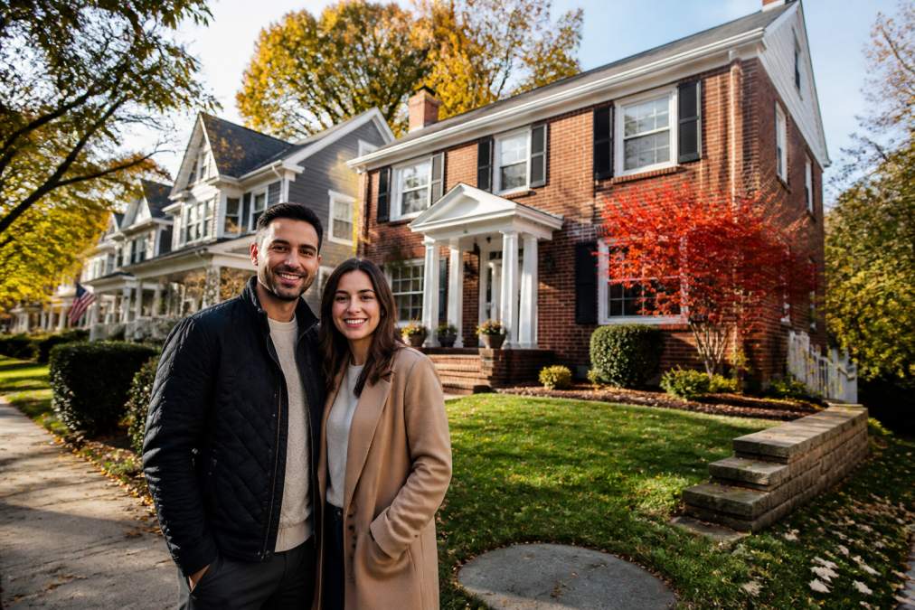 Young professional couple standing in front of a charming brick colonial home on a tree-lined residential street in Nutley, with autumn leaves and neighboring homes visible, natural afternoon lighting