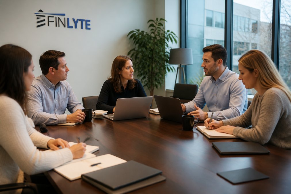 A finance team in a modern conference room reviewing a project timeline on a large screen, with laptops and notes on the table