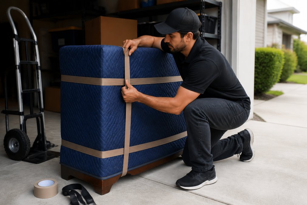 Person wrapping a wooden dresser in a moving blanket to prepare furniture for transport in a garage.