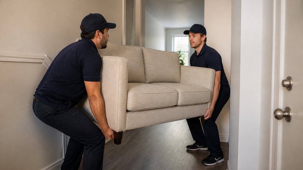 Two professional movers demonstrating proper lifting technique with bent knees and straight backs while carrying a heavy couch through an apartment hallway with neutral lighting
