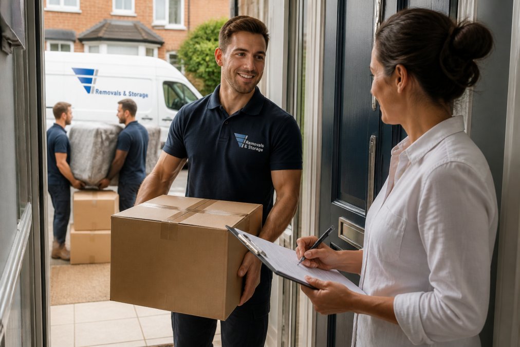 Removal team carrying boxes into a new home as a homeowner ticks off their moving house checklist on a clipboard.