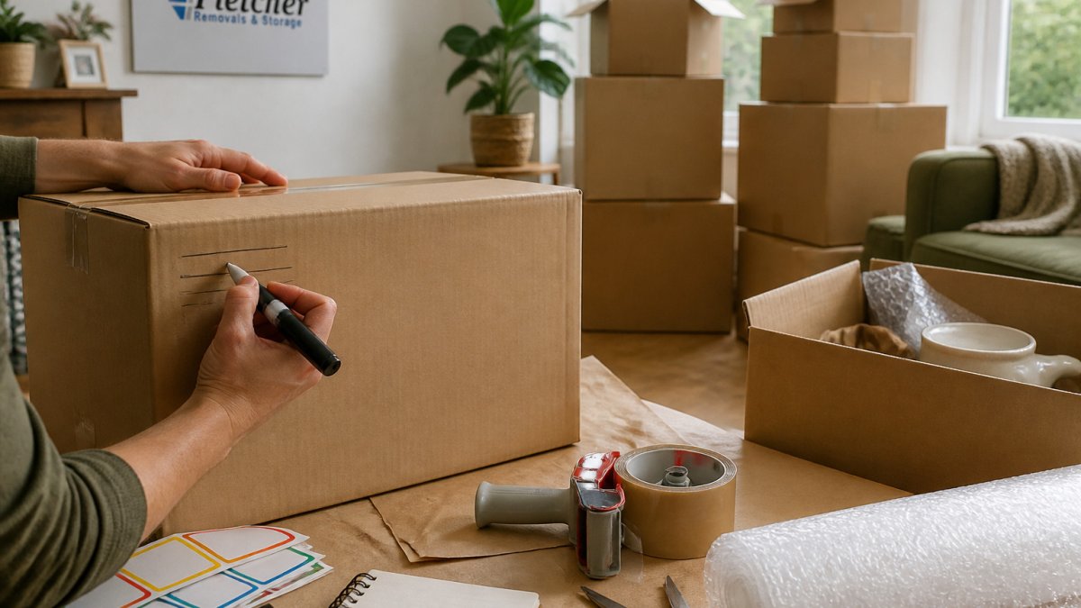Hands labelling a cardboard box with a marker as part of a moving house checklist in a half-empty living room