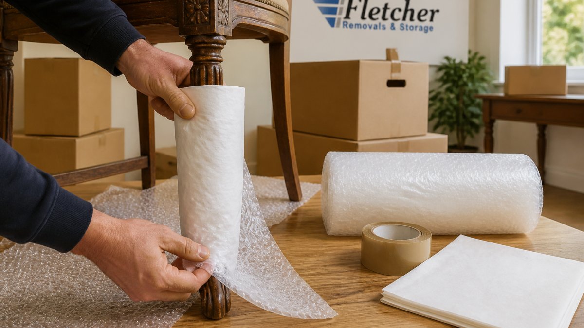 A close-up of hands wrapping a wooden chair leg with acid-free tissue paper and bubble wrap, with packing materials like boxes and tape visible in a bright room