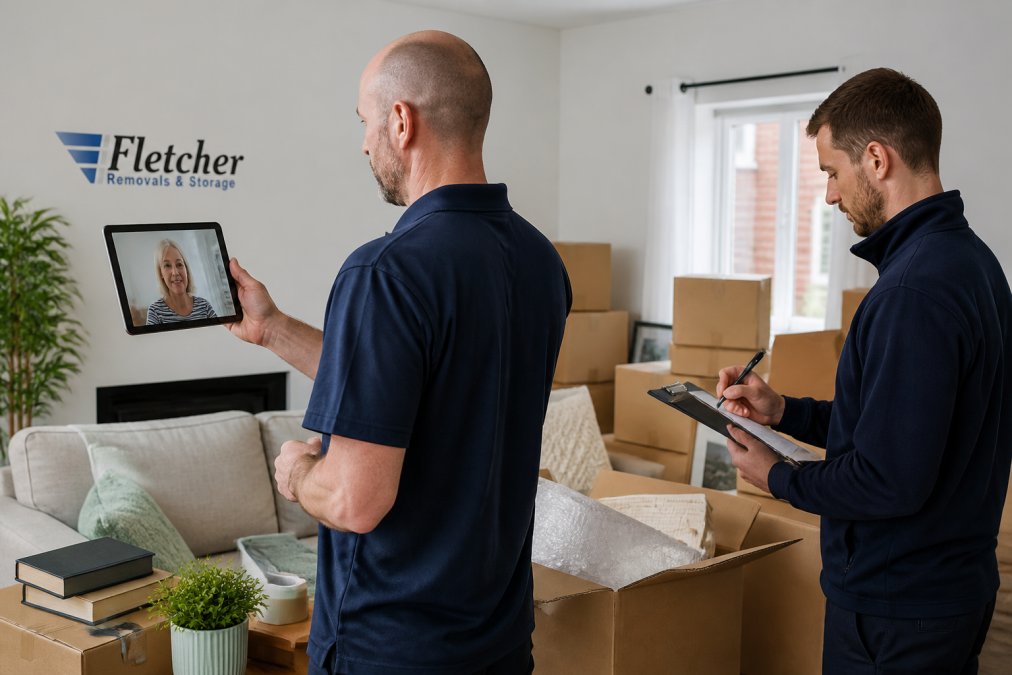 A removals surveyor standing in a living room holding a tablet, video-calling a homeowner, while a colleague takes notes on a clipboard beside packed boxes and a sofa