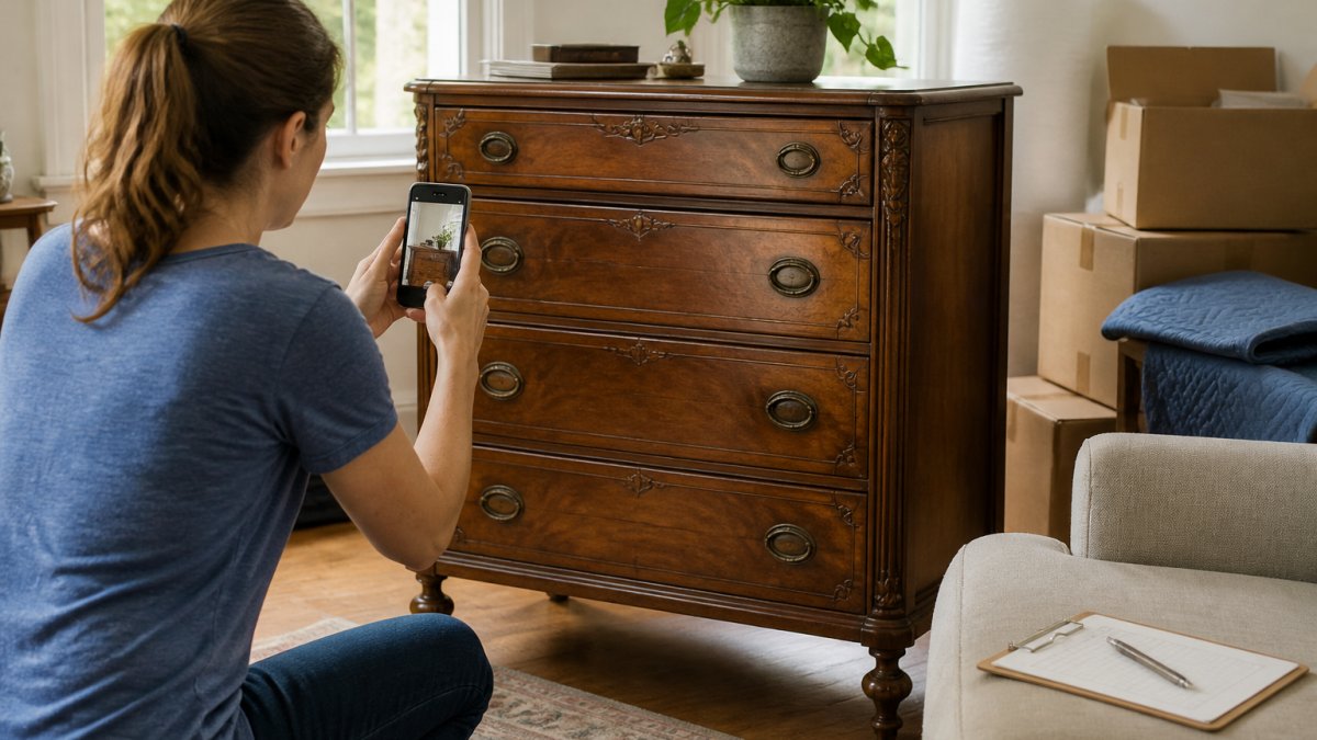 A person photographing an antique wooden dresser in a bright living room, with a clipboard and labeled moving boxes visible in the background