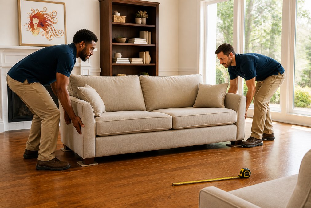 Two people carefully sliding a large sofa across a hardwood floor in a bright living room, with protective pads under the legs and a measuring tape on the floor nearby