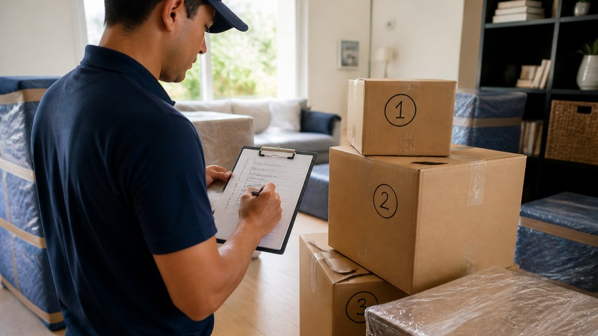 A person holding a clipboard with a handwritten inventory list, labeling numbered boxes in a bright living room with furniture wrapped in moving blankets nearby