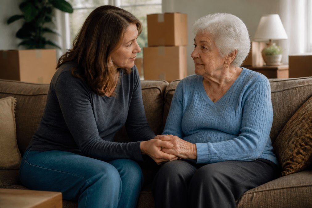An adult daughter sitting beside her elderly mother on a living room sofa, holding hands and talking gently, with moving boxes visible in the background