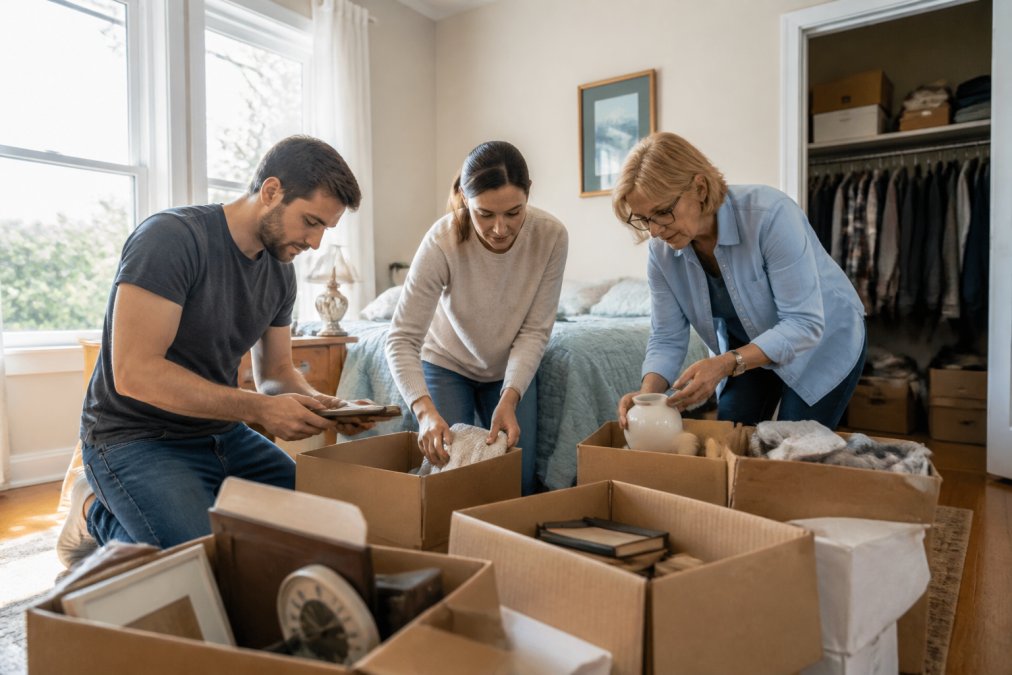 Adult children and a professional organizer working together in a bedroom, sorting items into clearly labeled boxes for donation, sale, and keeping, with natural daylight streaming through windows and a compassionate, collaborative atmosphere