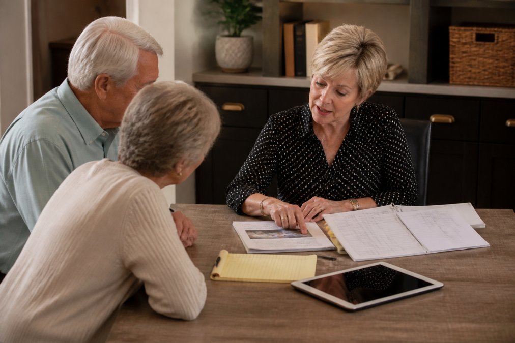 A family meeting with a senior move manager in a home office or consultation space, with documents, a checklist, and tablet visible on the table, creating a professional and reassuring environment
