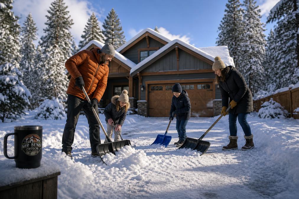A family shoveling snow in front of a Craftsman home while moving to Bend Oregon during the winter season.