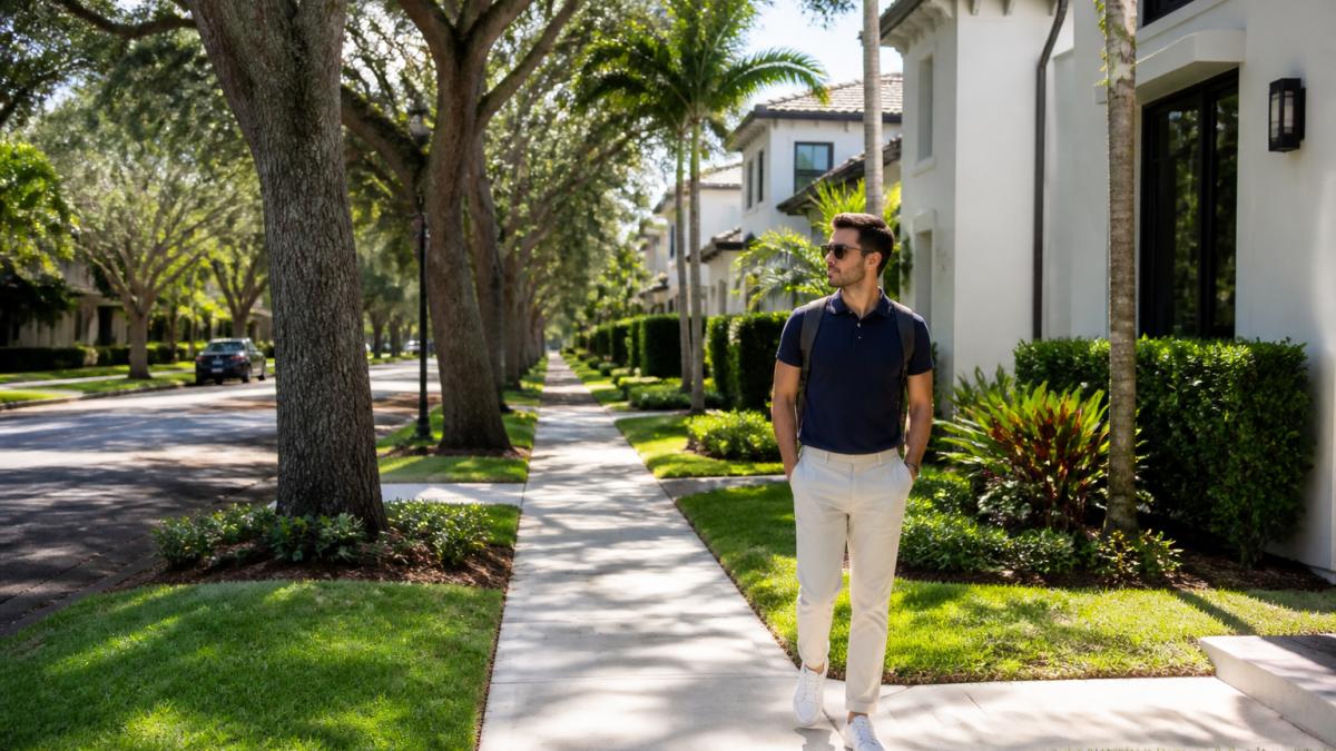 Young professional walking through tree-lined residential street in Boca Raton on sunny morning, with modern homes, manicured landscaping, and quiet sidewalks visible