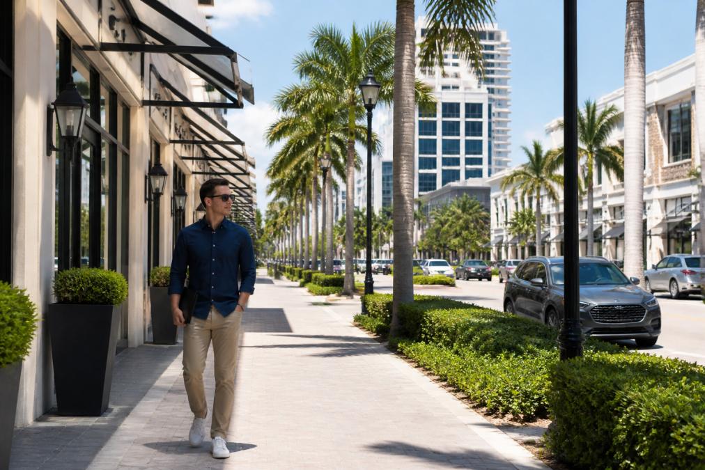 Young professional walking through modern downtown Boca Raton street with upscale shops, restaurants, and contemporary office buildings in background during daytime, palm trees lining sidewalk