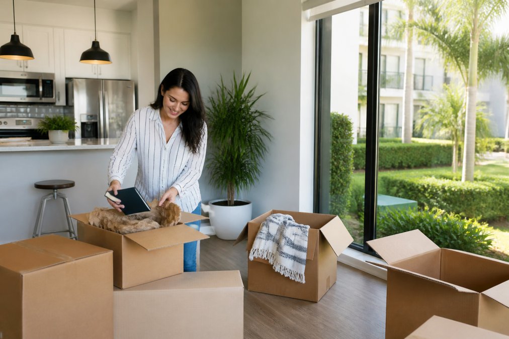 Professional woman unpacking boxes in bright, modern apartment with stainless steel appliances and quartz countertops, large windows overlooking lush landscaped grounds