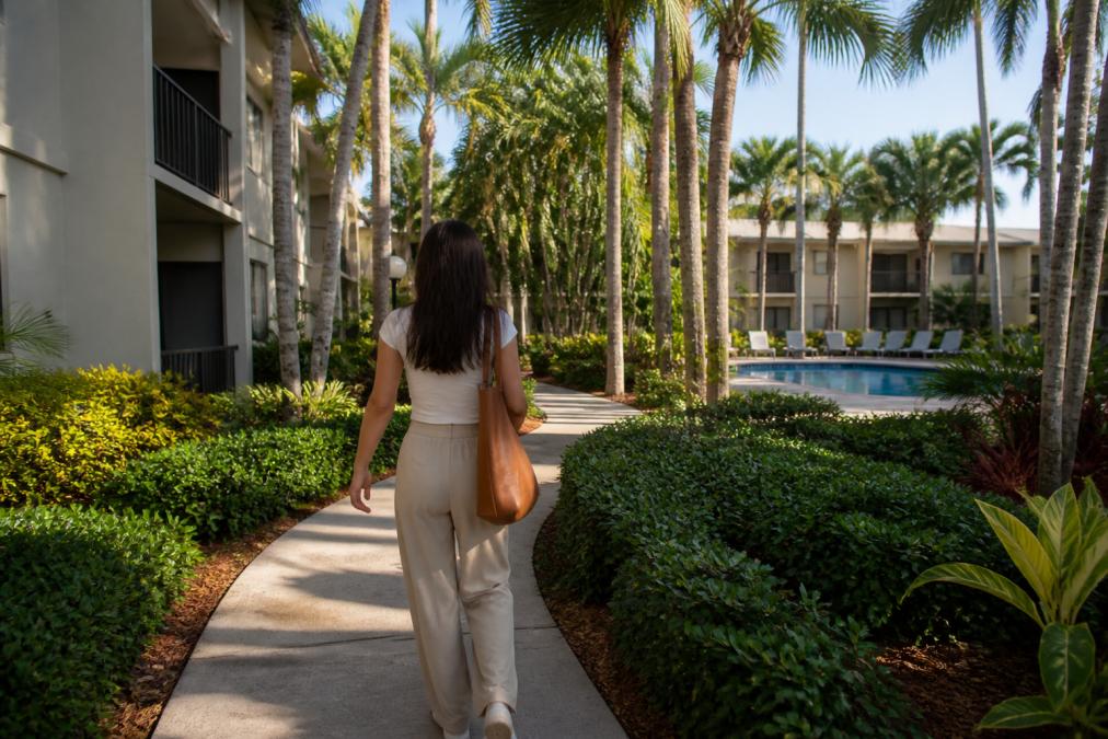 Young professional walking through a garden-style apartment community with mature palm trees, lush landscaping, and a resort-style pool visible in the background, natural afternoon lighting filtering through the trees