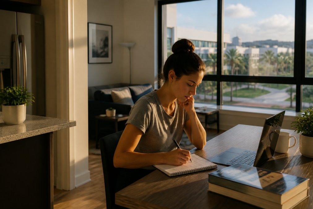 Graduate student sitting at a desk in a modern apartment, laptop open with focused concentration, FAU campus visible through the window in the distance, warm natural light from afternoon sun