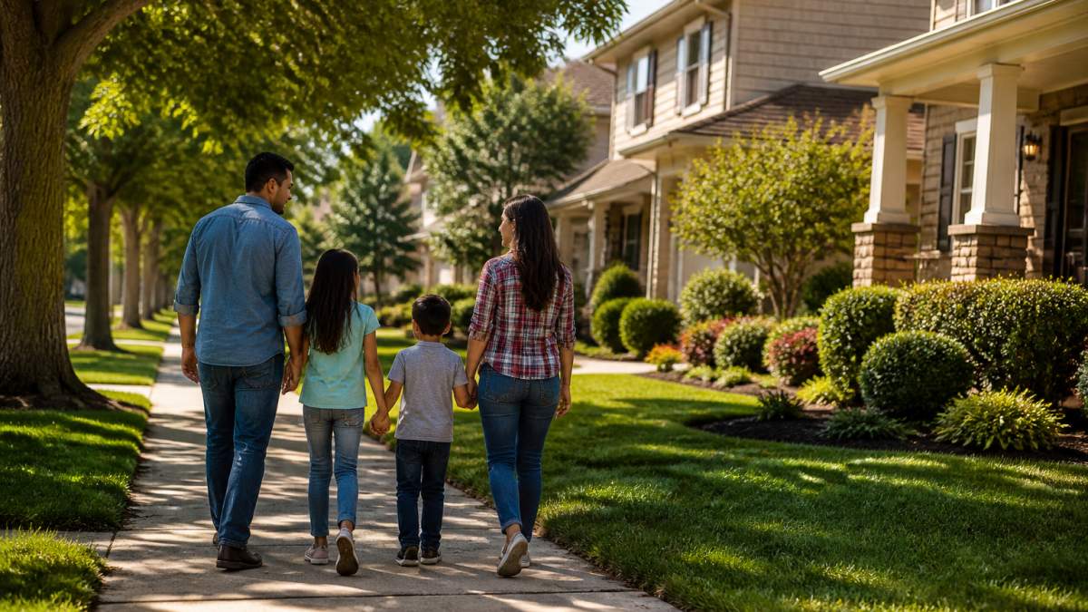 Family walking together through a tree-lined residential neighborhood in Merced County, with single-family homes, manicured lawns, and welcoming community setting in afternoon sunlight