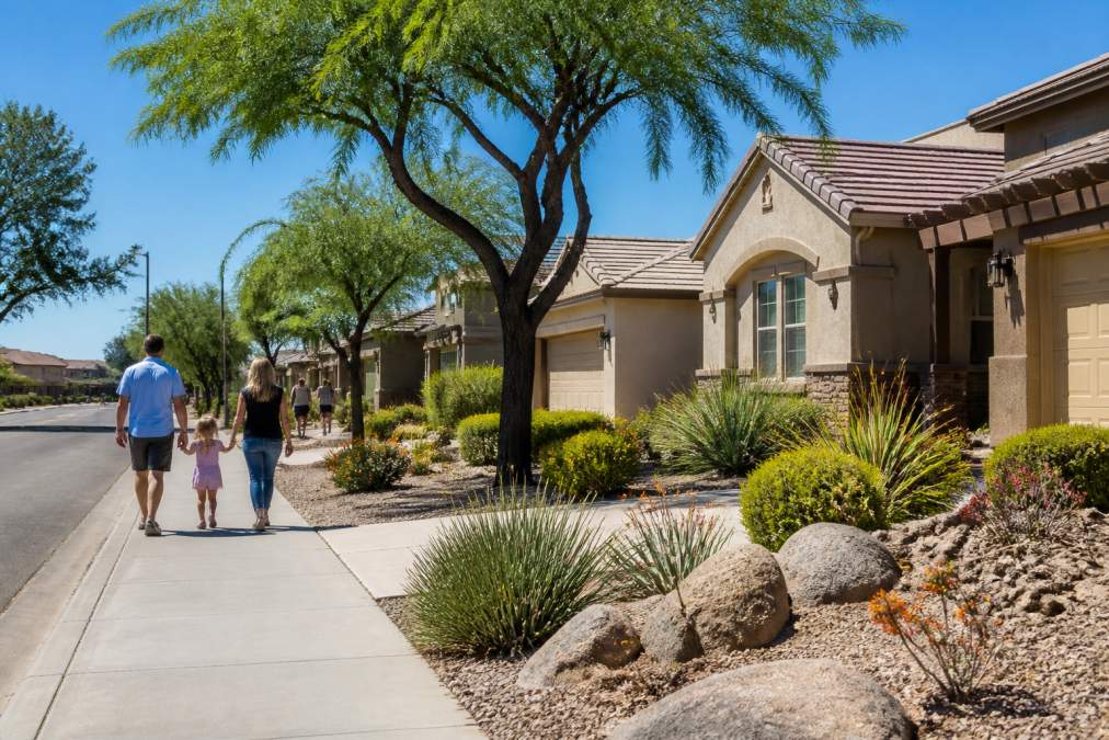 Tree-lined suburban street in Chandler with modern single-family homes featuring xeriscaped front yards, families walking on sidewalks, and clear blue Arizona sky on a warm afternoon
