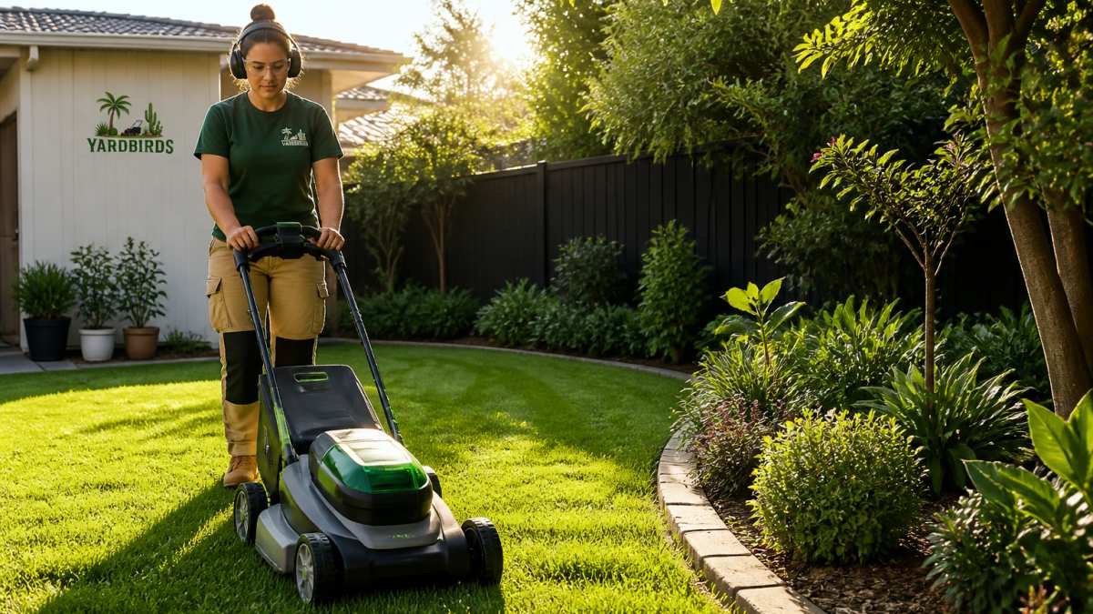 A professional gardener in work clothes using an all-electric lawn mower on a well-kept residential lawn, trimmed edges visible along a garden bed, soft morning light, tidy suburban backyard setting