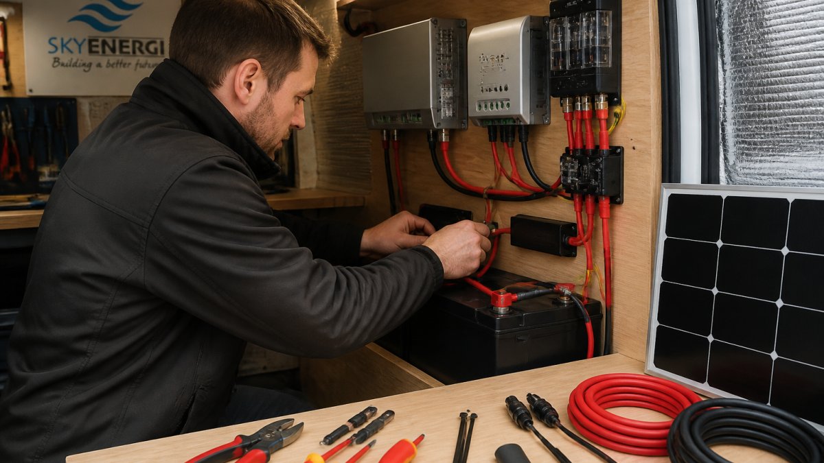 Technician connecting color-coded cables to solar and alternator chargers in a motorhome electrical cabinet