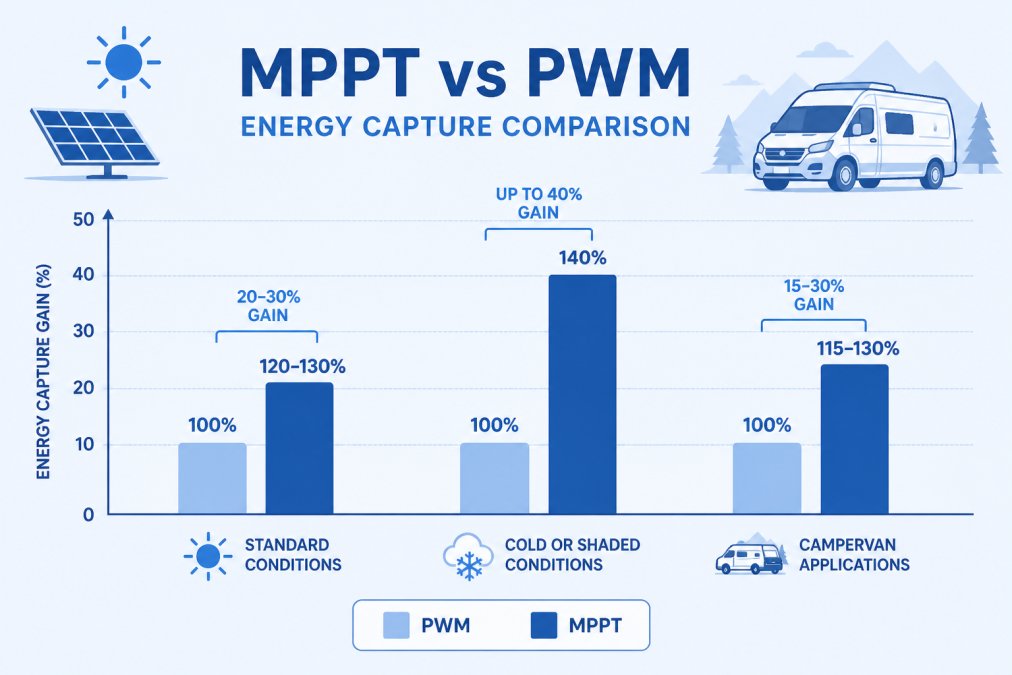 Bar chart showing MPPT vs PWM energy harvest gains in standard, cold, shaded, and campervan conditions.