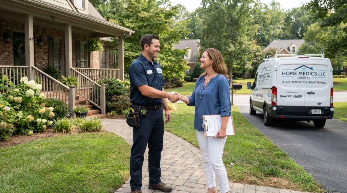 A professional tradesperson in a clean uniform shaking hands with a homeowner in front of a well-maintained suburban house in South Carolina, with a work truck visible in the background