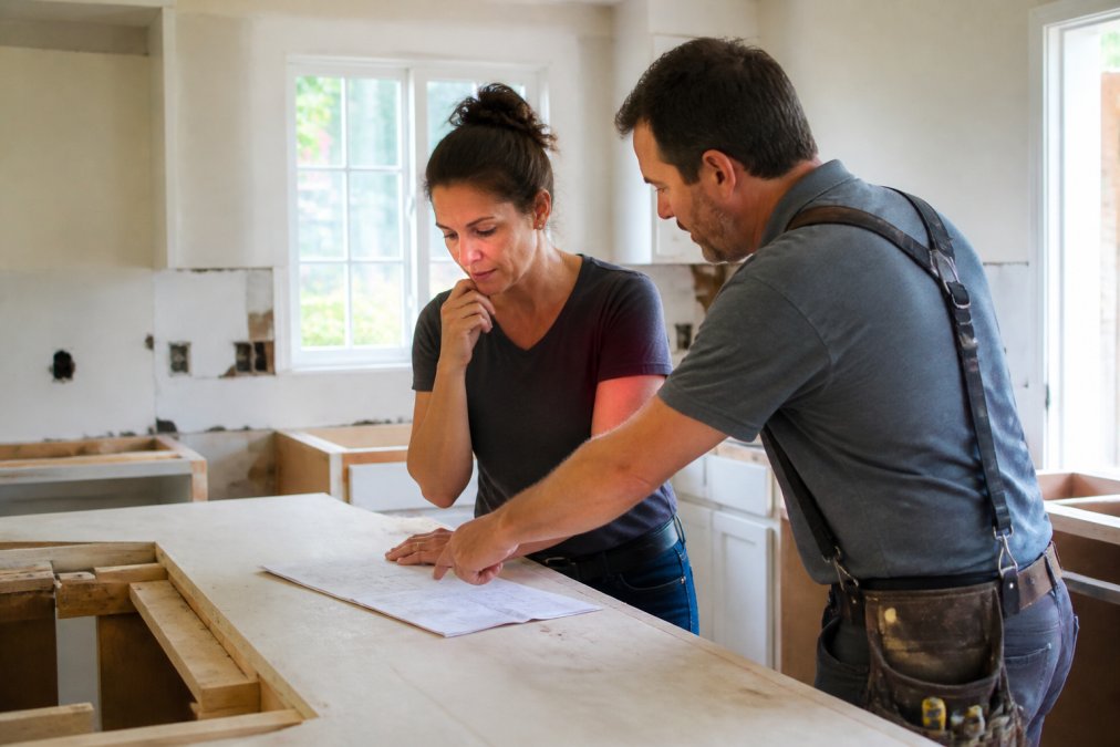 A homeowner in Brentwood, CA, reviewing renovation notes with a licensed contractor inside a bright kitchen undergoing full remodeling, countertops removed and natural light streaming through windows