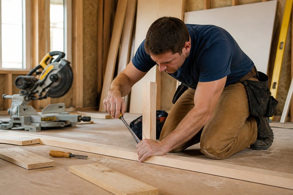 Skilled carpenter performing detailed carpentry work on interior home renovation, hands visible using precision tools with wood materials and professional-grade equipment