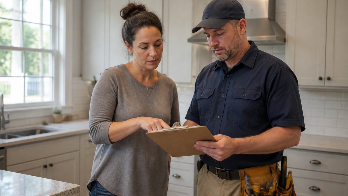A homeowner and a handyman in work clothes reviewing a clipboard checklist together in a bright kitchen, discussing repair details before the job begins