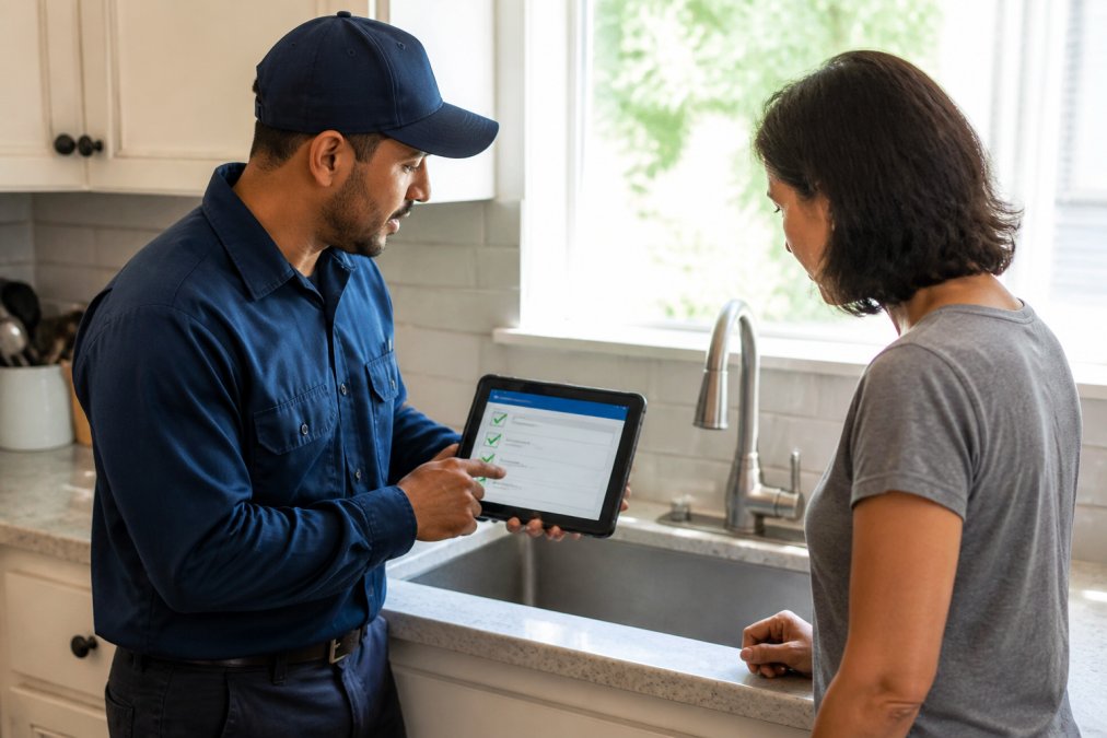 A professional plumber in a clean uniform consulting with a homeowner at a kitchen sink, holding a tablet showing a service checklist with natural window lighting