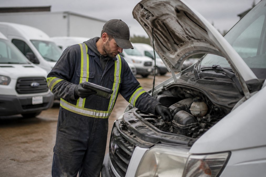 AMVIC certified mechanic performing a vehicle inspection, a reliable mrtorque alternative for fleet repairs.
