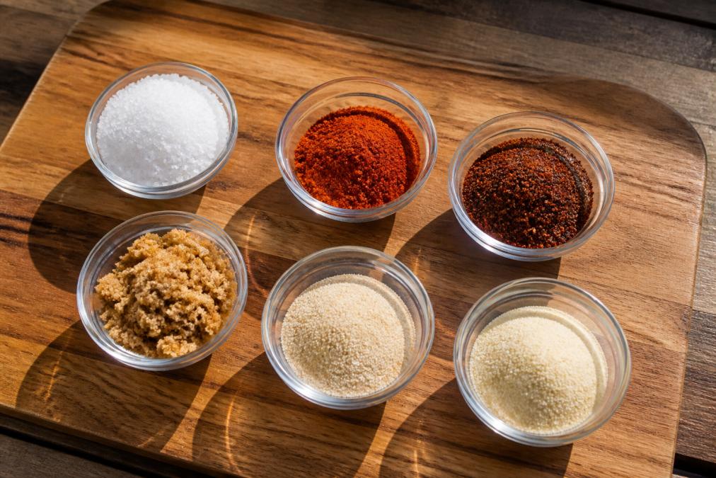 Overhead flat-lay of individual glass bowls containing kosher salt, smoked paprika, chili powder, brown sugar, garlic powder, and onion powder arranged on a wooden cutting board with natural sunlight streaming across the surface