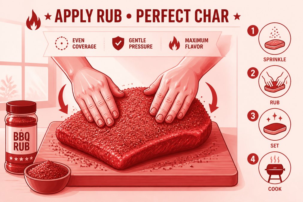Hands generously coating raw brisket with homemade dry rub using a rubbing motion, showing even distribution across the meat's surface on a wooden cutting board with natural window light
