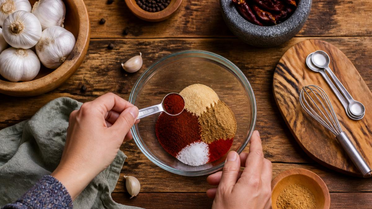 Overhead shot of a home cook's hands measuring chili powder, cumin, garlic powder, and paprika into a small glass bowl on a wooden kitchen counter, with whole spices and a small whisk nearby