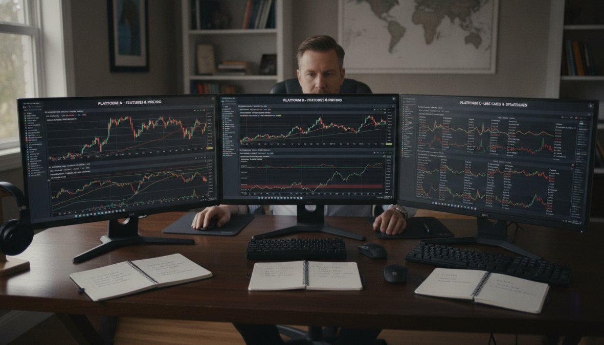 Professional trader at a standing desk with three monitors displaying live forex charts, order books, and a trading terminal in a modern open-plan office with natural window light