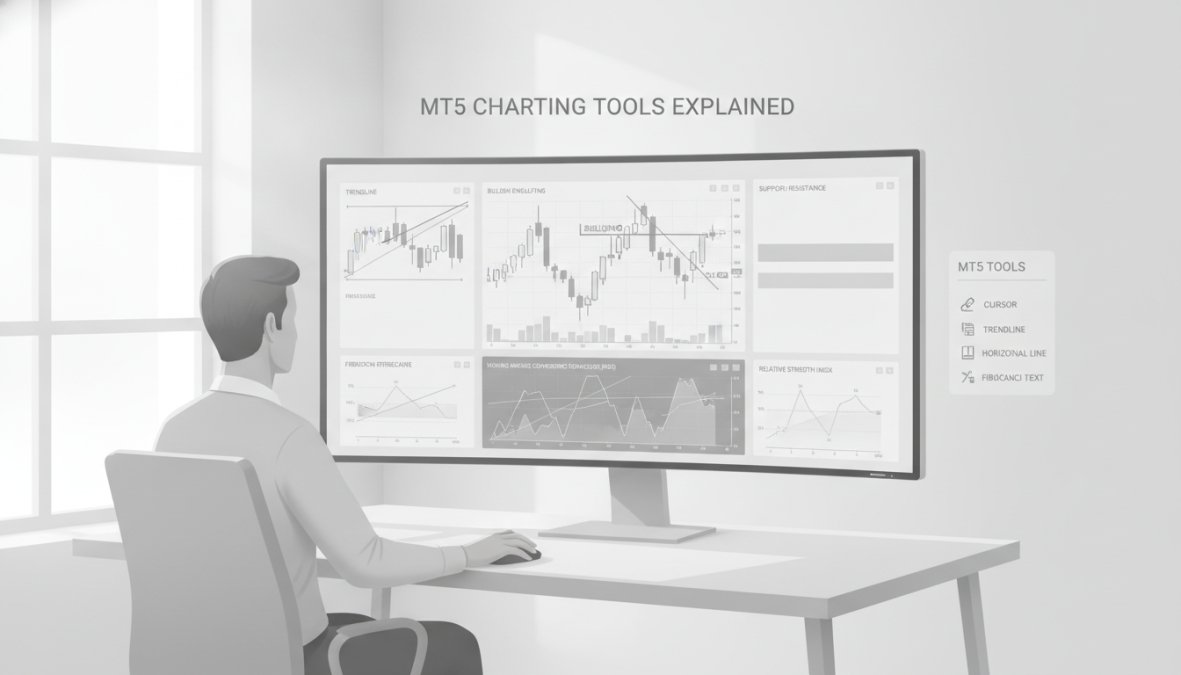 Professional trader analyzing MetaTrader 5 charts with multiple candlestick patterns and technical indicators visible on a high-resolution monitor in a modern trading office with natural window lighting