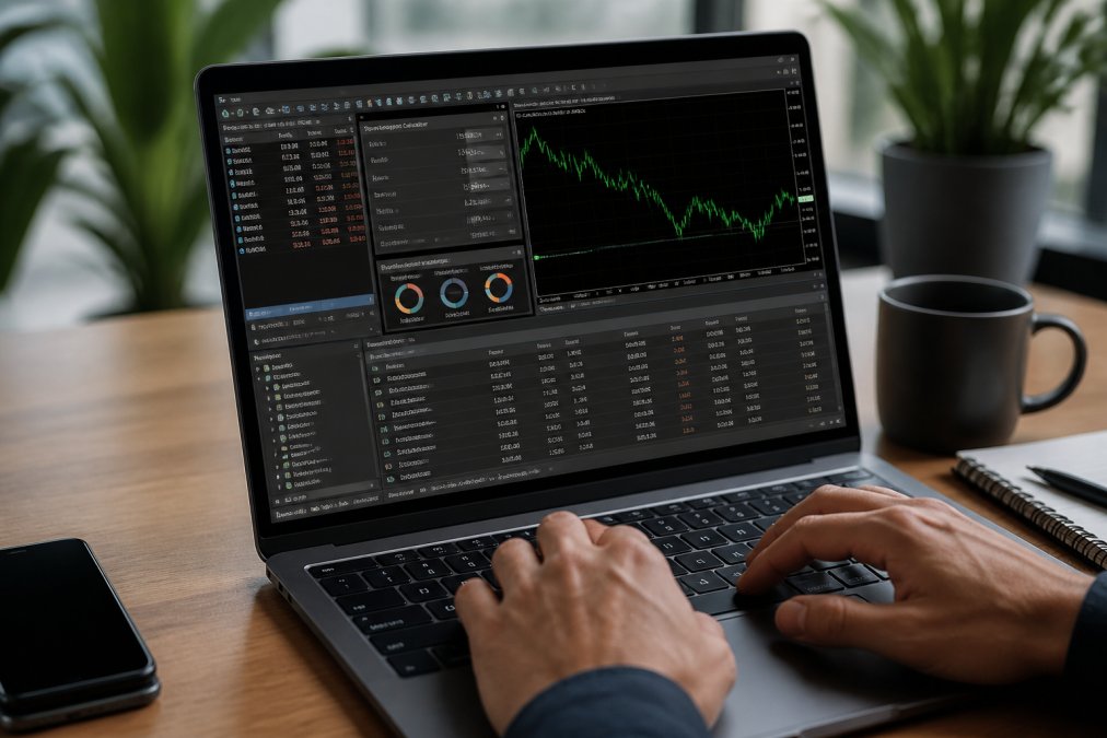 Close-up of trader's hands on keyboard with MT5 dashboard open, displaying risk management settings, position sizing calculator, portfolio diversification tools, and drawdown monitoring indicators with real-time account equity chart