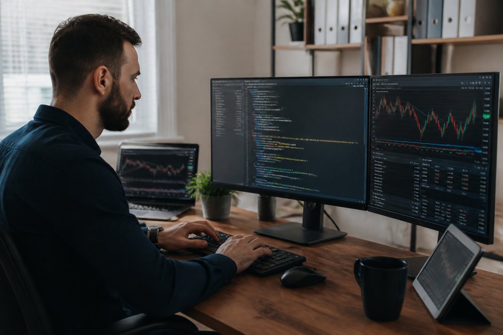 Professional developer working at desk with multiple monitors displaying MQL5 code editor and MetaTrader 5 charts with price action data, focused concentration on trading logic implementation