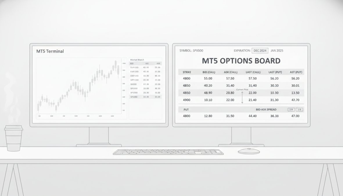 A trader's desk with dual monitors displaying MetaTrader 5 terminal with the Options Board open, showing strike prices, bid-ask spreads, and expiration dates clearly visible, natural office lighting with market data in sharp focus