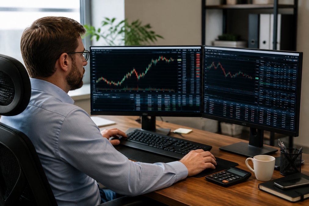Professional trader at dual monitor desk with MT5 platform displaying real-time futures charts, order entry panels, and economic calendar in bright office environment