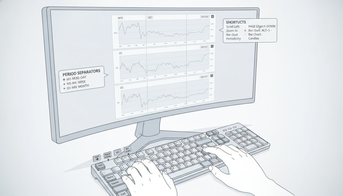 Close-up of trader's hands using keyboard shortcuts on MT5 chart with multiple timeframes visible on a monitor, natural office lighting