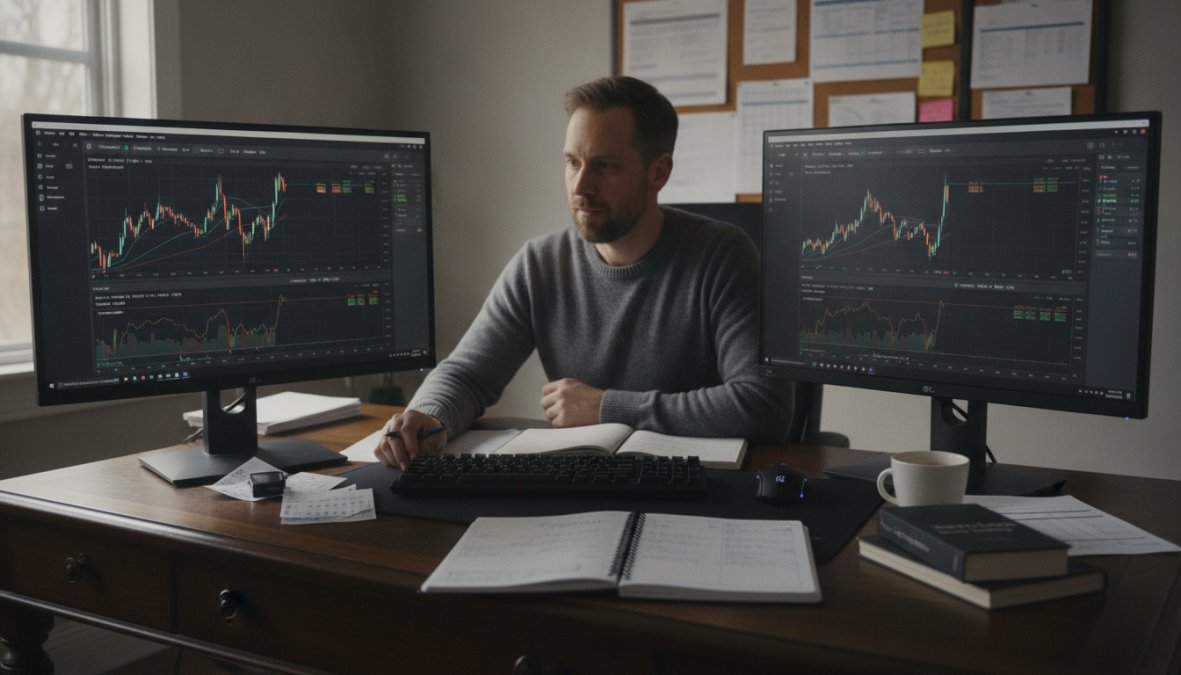 Trader sitting at a desk with two large monitors displaying MT5 platform charts, candlestick patterns visible on a daily timeframe with indicators overlaid, warm office lighting, professional home trading setup