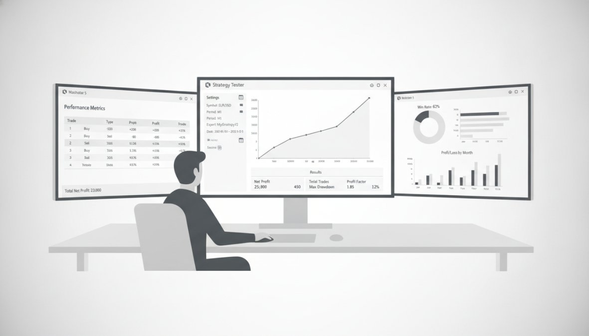 Trader at desk with multiple monitors displaying MetaTrader 5 terminal showing Strategy Tester results, equity curves, and performance metrics on screens with blue and white interface elements