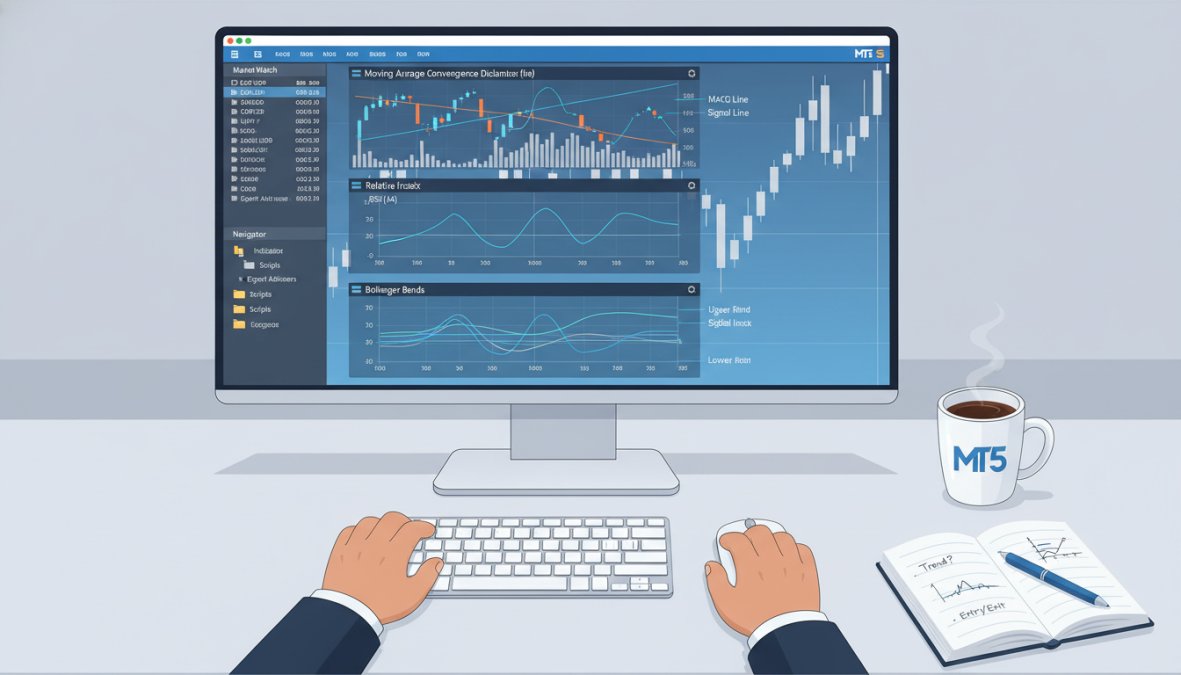 Close-up of a trader's hands navigating the MetaTrader 5 platform on a desktop monitor, with multiple indicator overlays visible on a price chart, coffee mug and notepad nearby on a clean desk
