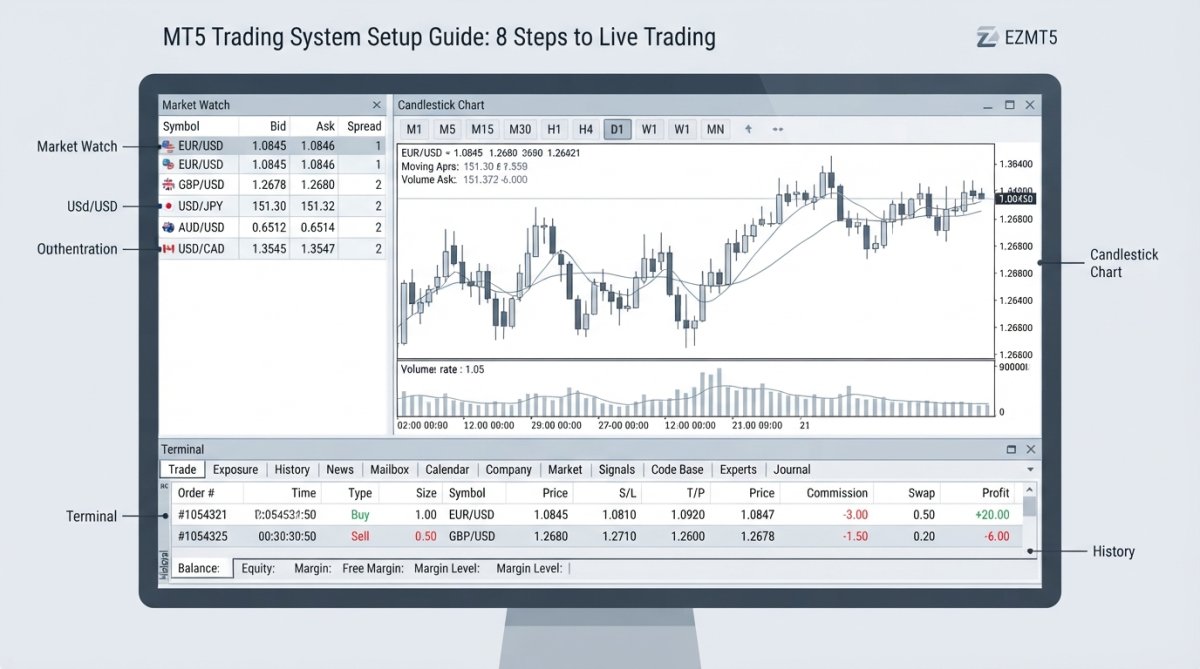 A professional trader's computer monitor displaying MetaTrader 5 with the Market Watch panel on the left showing currency pairs, a large candlestick chart in the center with multiple timeframes visible, and the Terminal panel at the bottom showing open positions and trading history