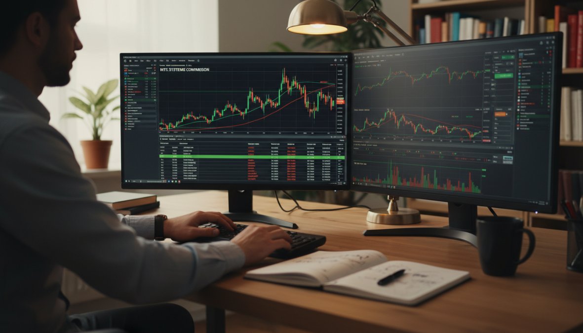 A focused trader sitting at a dual-monitor desk displaying MetaTrader 5 charts and live trading dashboards with green and red candlestick patterns, working in a professional home office with warm desk lamp lighting and a notepad beside the keyboard